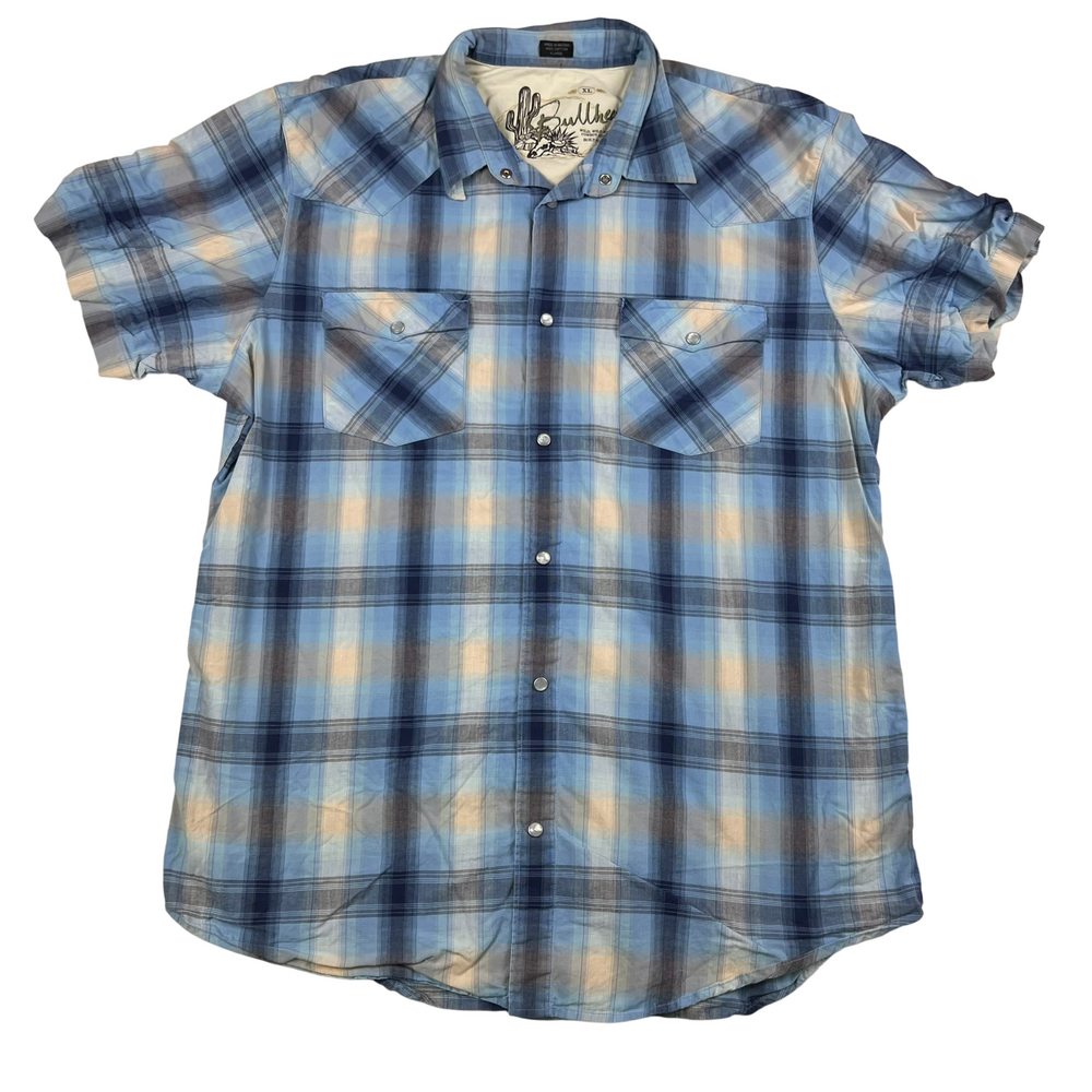 Bullhead Shirt Mens XL Plaid Pearl Snap Western Cowboy Short Sleeve Casual